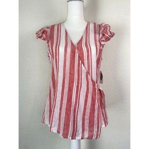 Old Navy women's small‎ red white striped linen blend wrap ruffle cap sleeve top